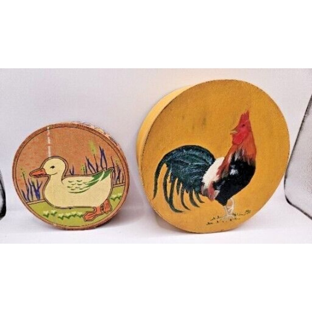 2 Wooden Trinket Box Round decorative ROOSTER DUCK 6 inch 4.5 inch handpainted